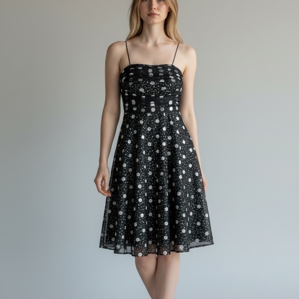 Jessica Howard Retro Black White Polka‎ Dot Tulle Fit & Flare Dress Vtg Party 10